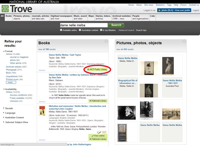 The display in Trove when an item is held in one of the institutions selected in 'My Libraries'