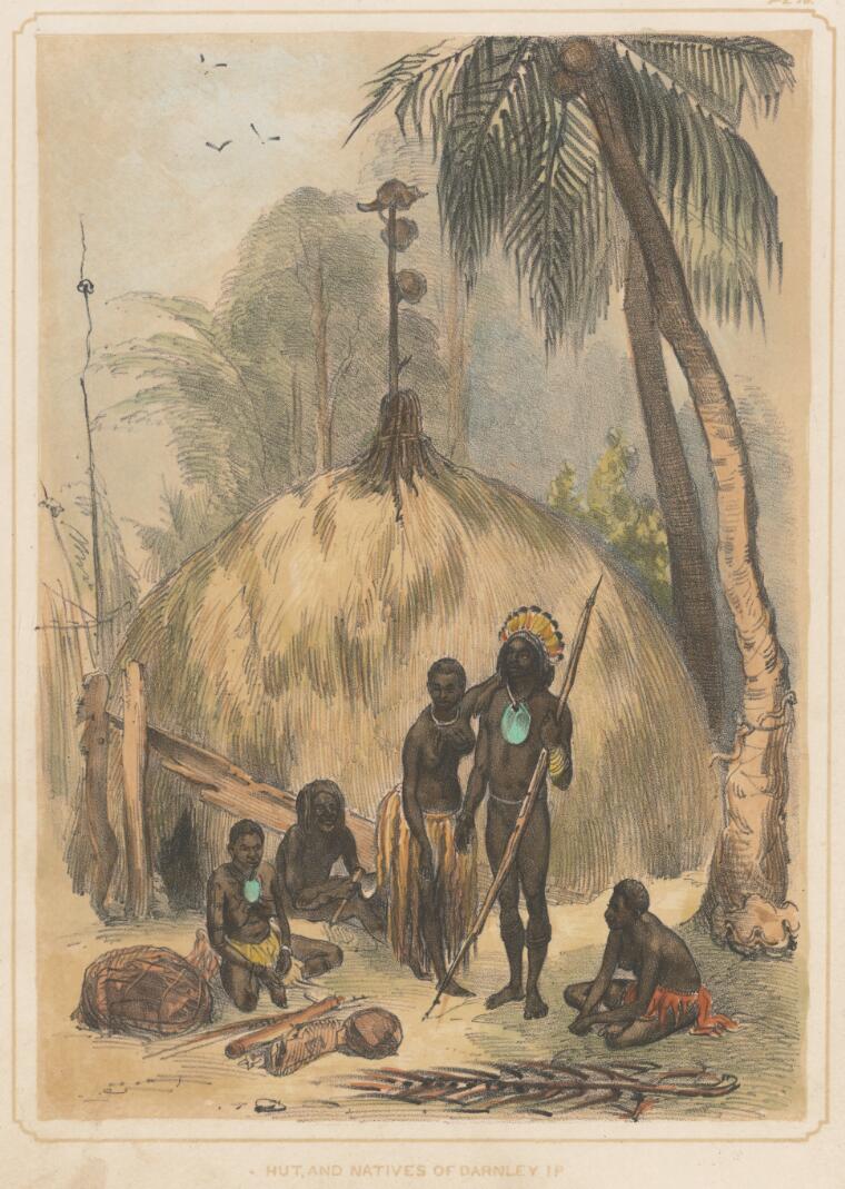 Huts and islanders of Darnley Island, Torres Strait, 1849