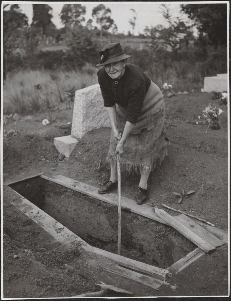 Josephine Smith digging a grave at the Drouin Cemetery, Victoria