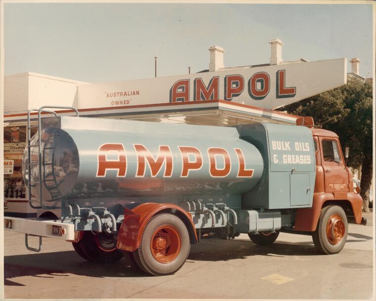 Lube oil waggon at an Ampol service station, Western Australia, 12 May 1966