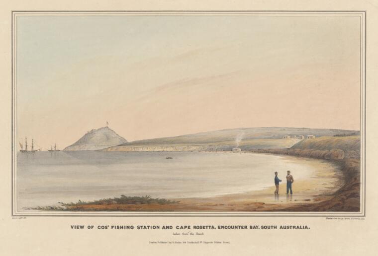 View of Cos' [i.e. Company's] fishing station
                    and Cape Rosetta, Encounter Bay, South Australia,
                    taken from the beach [picture] / Colonel Light del.