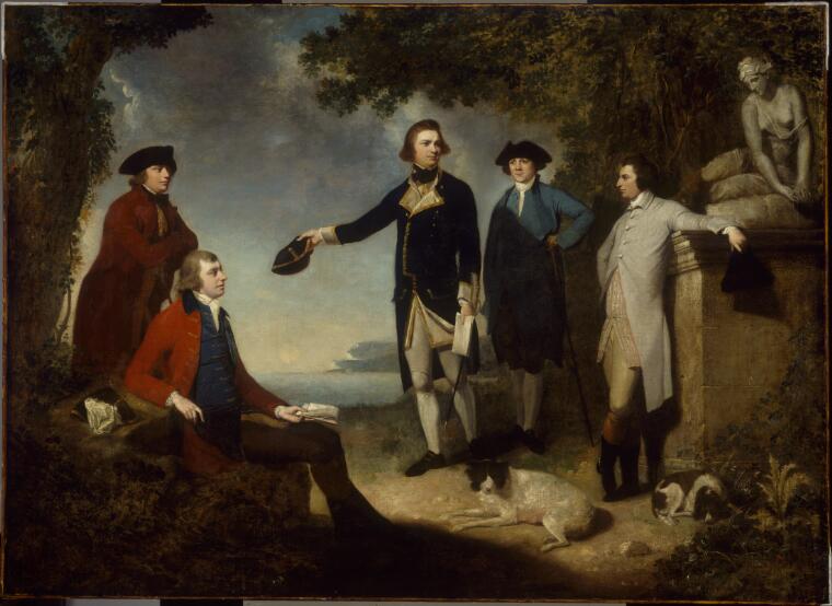 Painting by John Hamilton Mortimer of Captain James Cook, Sir Joseph Banks, Lord Sandwich, Dr Daniel Solander and Dr John Hawkesworth