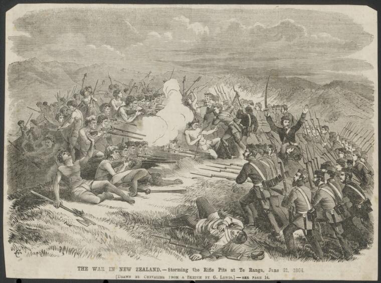 Calvert, Samuel, 1828-1913. The war in New Zealand, storming rifle pits at Te Ranga, June 21, 1864 [picture]