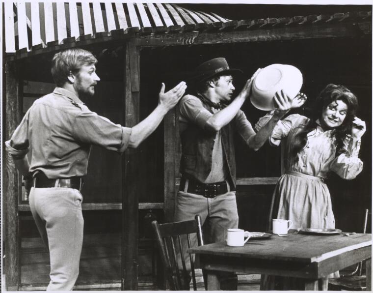 John Bell as Petruchio, Drew Forsythe as Grumio and Carol Macready as Katherina in The taming of the shrew, 1972, directed by Robin Lovejoy