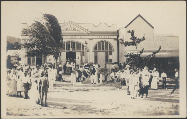 Unveiling of Dr. Wassell's monument [in front of the Victoria Institute building], Horn? Island, [Torres Straits], 1917
