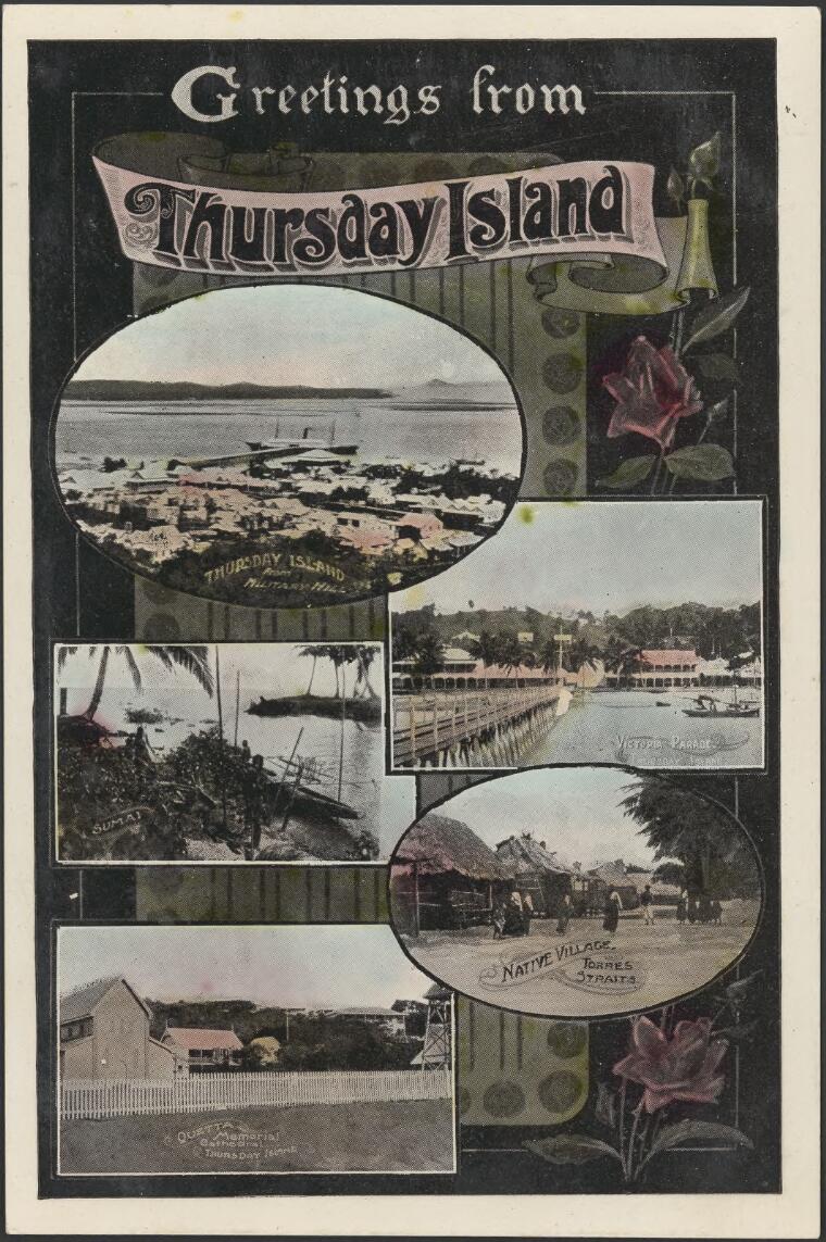 [Five views of Thursday Island, including] Thursday Island from Military Hill, Victoria Parade, Sumai, native village, Quetta Memorial Cathedral, [ca. 1917-1920]