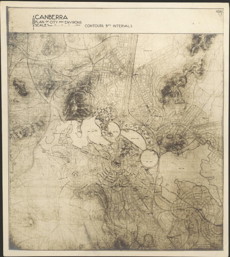 Canberra, plan of city and environs. 103C [cartographic material] : contours 5ft. intervals - Part of  Eric Milton Nicholls collection [picture].