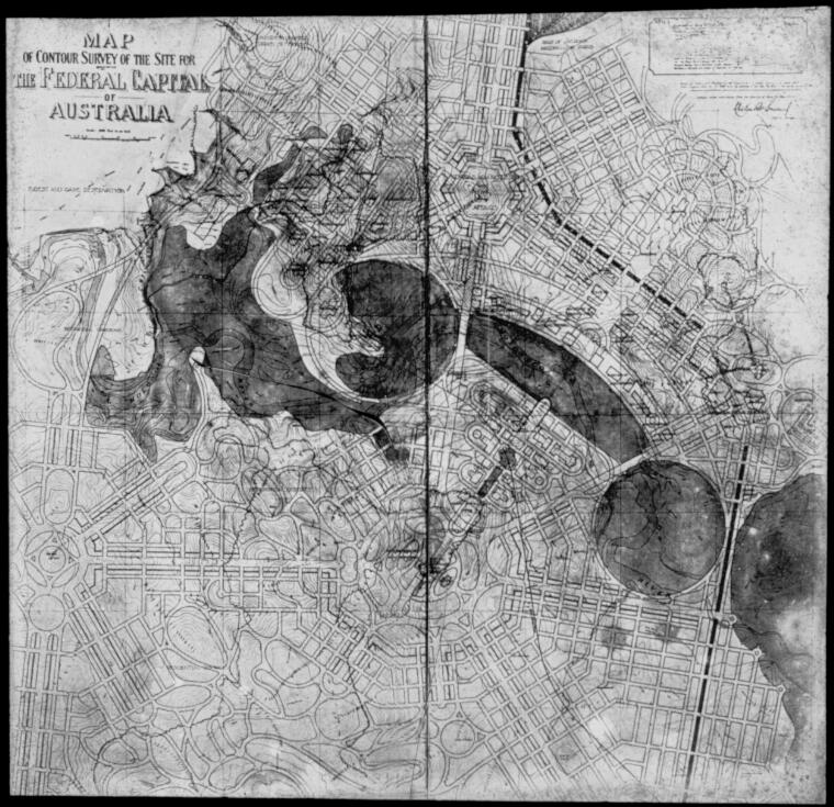 Griffin, Walter Burley, 1876-1937. Canberra Federal Capital of Australia preliminary plan [cartographic material] : [original competition drawing as drawn on Scrivener topograhic survey]