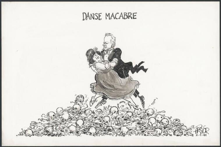 Pryor, Geoff, 1944- Danse macabre - Mr & Mrs Milosevic dancing on a pile of human bones, 1999 [picture]