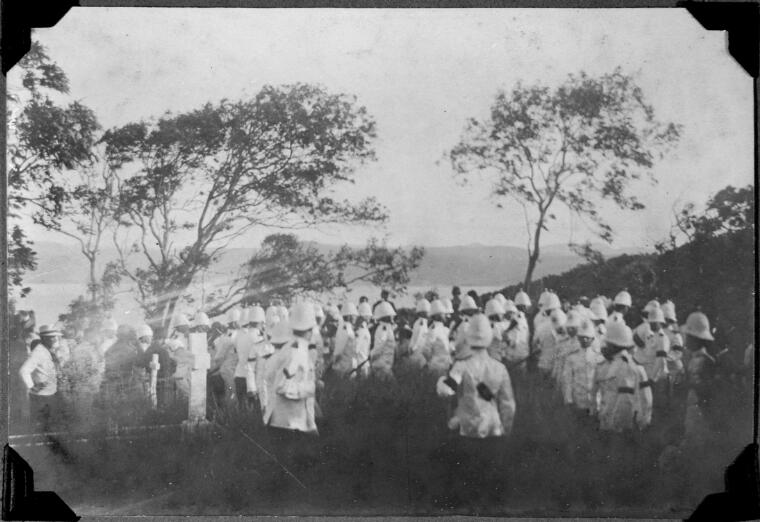 Soldiers at the funeral of John Douglas, Queensland politician and grazier, Thursday Island, Queensland, 1904