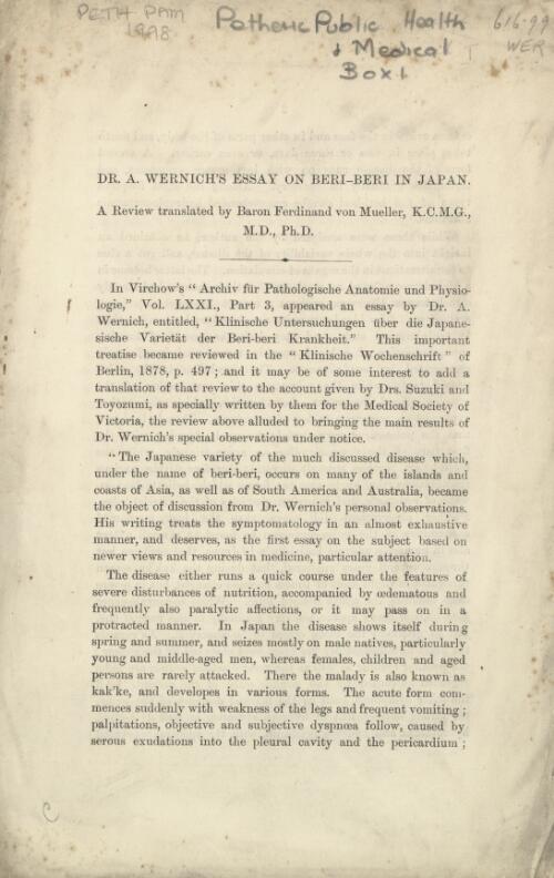 Dr. A. Wernich's essay on beri-beri in Japan : a review / translated by Ferdinand von Mueller