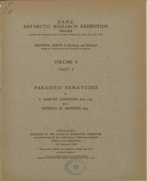 Parasitic nematodes / by T. Harvey Johnston and Patricia M. Mawson
