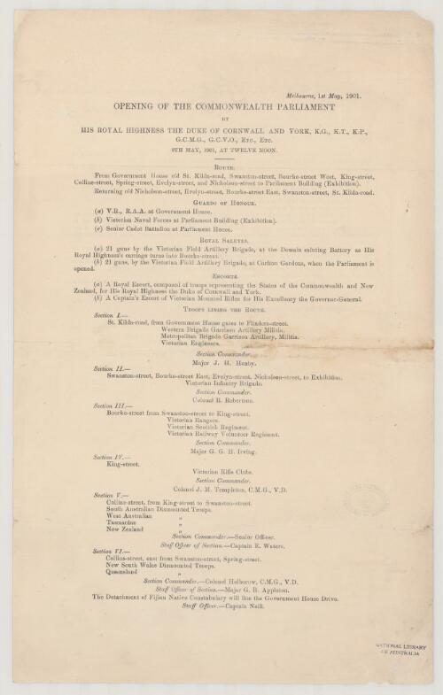 Opening of the Commonwealth Parliament by His Royal Highness, the Duke of Cornwall and York, K.G., K.T., K.P., G.C.M.G., G.C.V.O., etc. etc., 9th May, 1901, at twelve noon