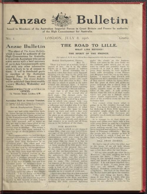 Anzac bulletin : issued to members of the Australian Imperial Forces in Great Britain and France by authority of the High Commissioner for Australia