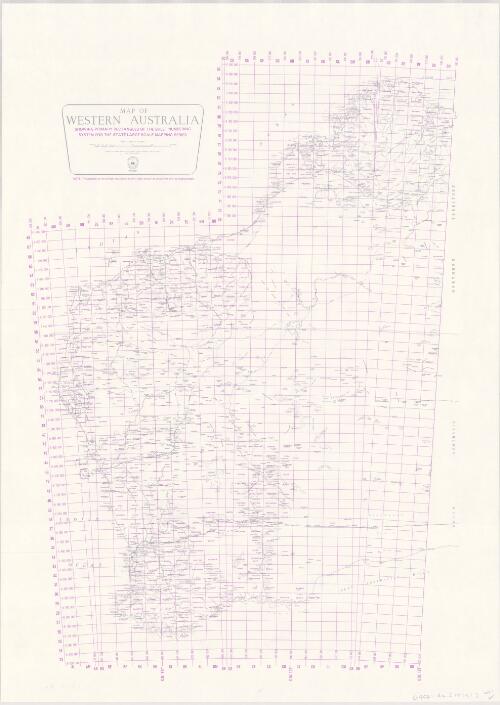 Map of Western Australia showing primary rectangles of the sheet numbering system for the state large scale mapping series [cartographic material] / prepared by the Mapping Branch, Surveyor General's Division, Department of Lands and Surveys