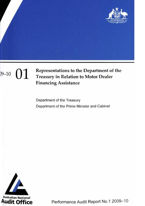 Representations to the Department of the Treasury in relation to motor dealer financing assistance : Department of the Treasury, Department of the Prime Minister and Cabinet / Australian National Audit Office
