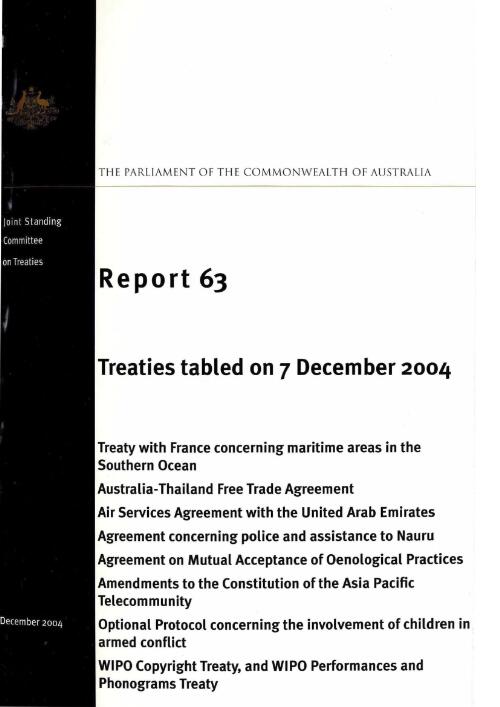 Treaties tabled on 7 December 2004 / [Joint Standing Committee on Treaties]