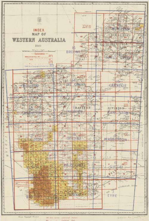 Index map of Western Australia [cartographic material] : [to sheets 300 chns, 1 mile, 10 mile and 10 mile topographical series]