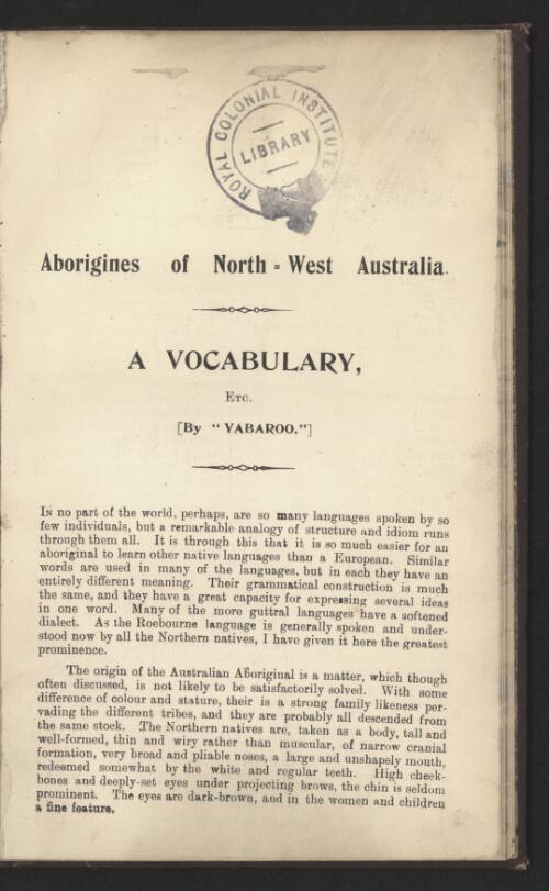 Aborigines of north-west Australia : a vocabulary, etc. / by Yabaroo [pseudonym]