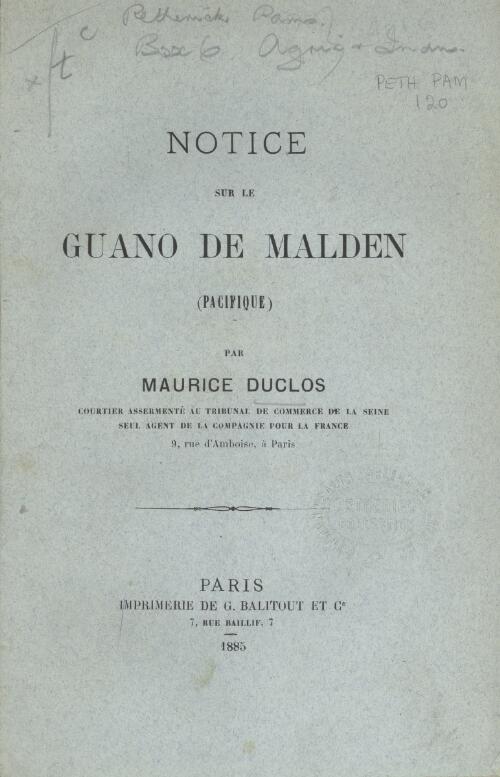 Notice sur le guano de Malden (Pacifique) / par Maurice Duclos