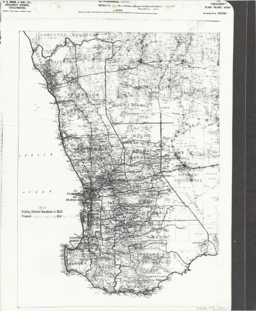 1937 existing electoral boundaries in blue, proposed ... red [cartographic material] : South Western Division showing existing and proposed electoral boundaries 1937 [Western Australia]