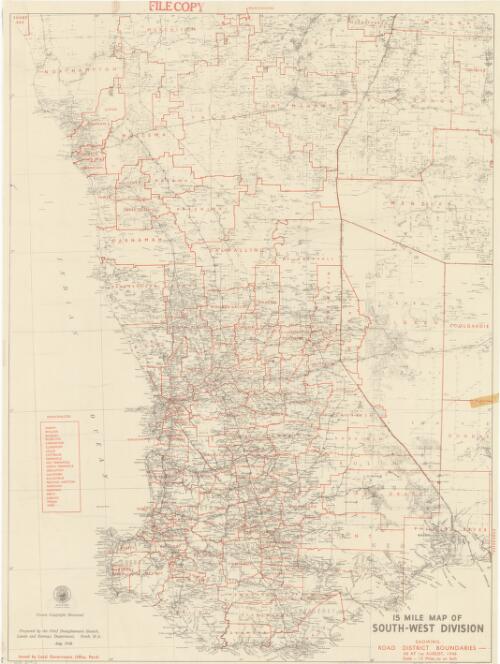 15 mile map of South-West Division showing road district boundaries, as at 1st August 1948 [cartographic material] / prepared by the Chief Draughtsman's Branch, Lands and Surveys Department ; issued by the Local Government Office