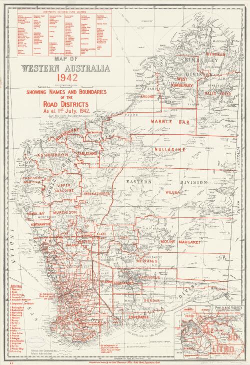 Map of Western Australia 1942, showing names and boundaries of the road districts, as at 1st July 1942. [cartographic material] / compiled and issued by the Local Government Office, Public Works Department