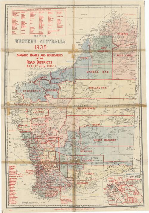 Map of Western Australia 1935, showing names and boundaries of the road districts, as at 1st July 1935. [cartographic material] / compiled and issued by the Local Government Office, Public Works Department, Perth