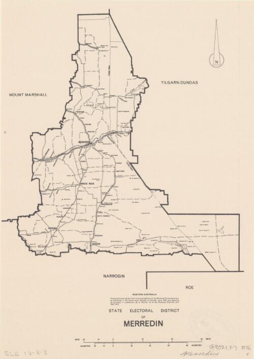 State electoral district of Merredin, Western Australia [cartographic material] / prepared following the final recommendations of the Electoral Commissioners, as published in the Government Gazette on the 9th June 1976, and applying as provided in subsection (6) of Section 12 of the Electoral Districts Act, 1947-1975