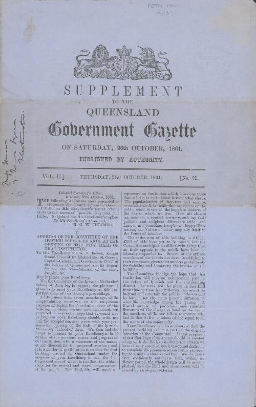 Supplement to the Queensland Government Gazette of Saturday, 26th October, 1861
