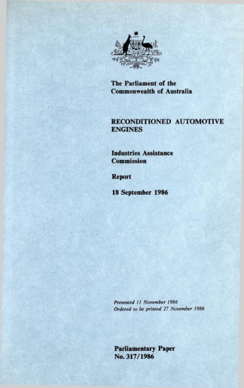Industries Assistance Commission report no. 394 on reconditioned automotive engines