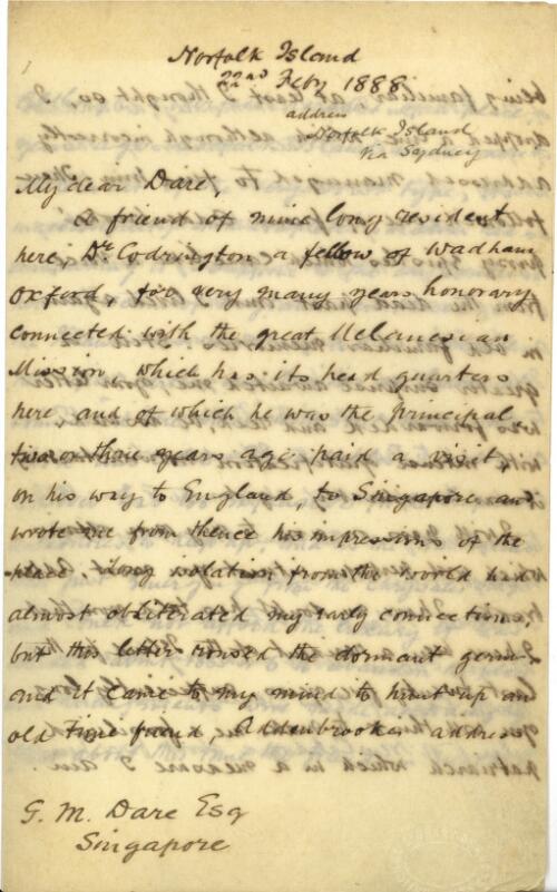 [Letter, 1888 Feb. 22, Norfolk Island, to G.M. Dare, Singapore] [manuscript] / [from Isaac Robinson