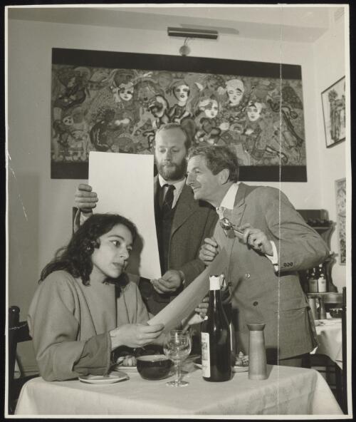 Mirka Mora and Georges Mora with artist Murray Walker at Tolarno French Bistro, St.Kilda, Melbourne, 1967