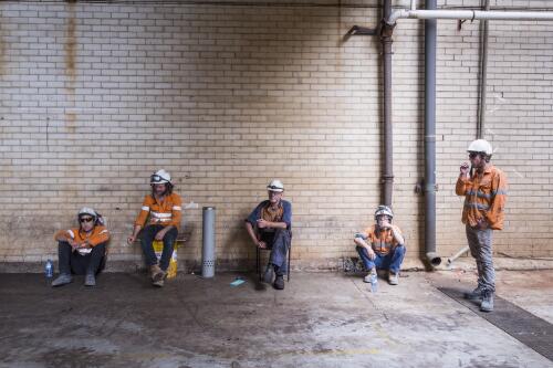 Five coal miners having a smoko break, Hazelwood Power Station, Latrobe Valley, Victoria, 2017 / Andrew Chapman