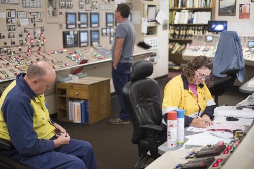 Control panel operators, Alan Parr, Alan McAuliffe and Julie King in Stage 3 control room, Hazelwood Power Station, Latrobe Valley, Victoria, 2017 / Andrew Chapman