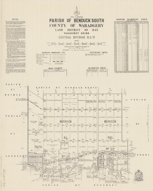 Parish of Benduck South, County of Waradgery [cartographic material] : Land District of Hay, Waradgery Shire, Central Division N.S.W / compiled, drawn and printed at the Department of Lands, Sydney N.S.W