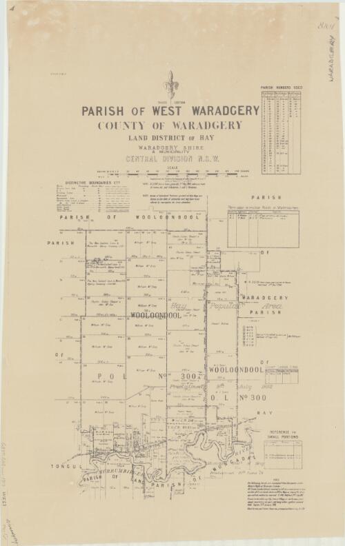Parish of West Waradgery, County of Waradgery [cartographic material] : Land District of Hay, Waradgery Shire & Municipality, Central Division N.S.W. / compiled, drawn and printed at the Department of Lands, Sydney, N.S.W