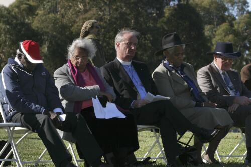 Victor Vincent Julama, son of Vincent Lingiari, James Haire, head of the National Council of Churches and Evelyn Scott are seated among the guest speakers at the Reconciliation Place opening ceremony, Canberra, 28 May 2004 [picture] / Loui Seselja