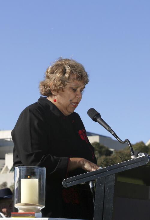 Jackie Huggins addressing the gathering at the Reconciliation Place opening ceremony, Canberra, 28 May 2004 [picture] / Loui Seselja