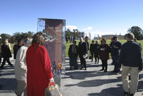 [People looking at the Vincent Lingiari Memorial, Reconciliation Place opening ceremony, Canberra, 28 May 2004] [picture] / Loui Seselja