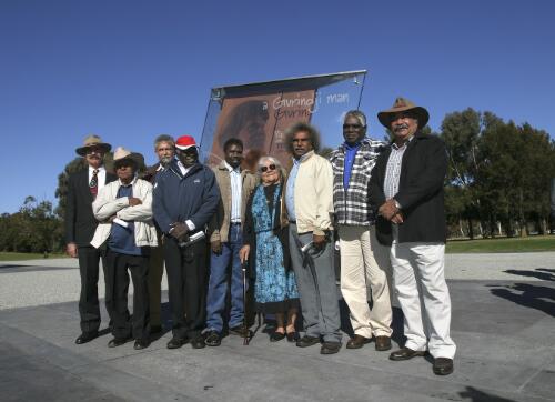 [Indigenous community leaders and representatives standing near the Vincent Lingiari Memorial, Canberra, 28 May 2004] [picture] / Loui Seselja