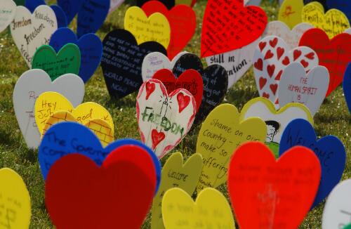 [Section of the field of hearts display in close-up view, United Nations World Refugee Day and Field of Hearts event, Canberra, 20 June 2004] [picture] / Loui Seselja