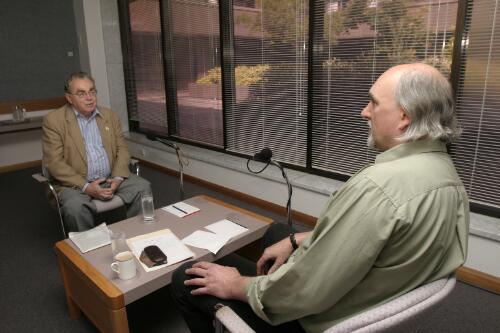 Dr. James Jupp and interviewer Dr. Barry York during an oral history interview at the National Library of Australia, 7 December 2004 [picture] / Greg Power
