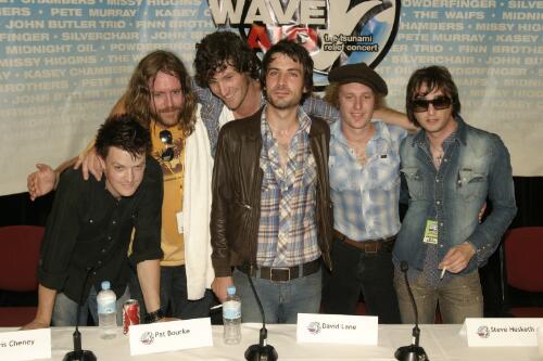 Chris Cheney, Kram, Pat Bourke, Davey Lane, Steve Hesketh (of Jet) and Nic Cester of The Wrights at a backstage press conference at the Wave Aid relief concert for victims of the 2004 Boxing Day tsunami, Sydney Cricket Ground, 2005 [picture] / Greg Power