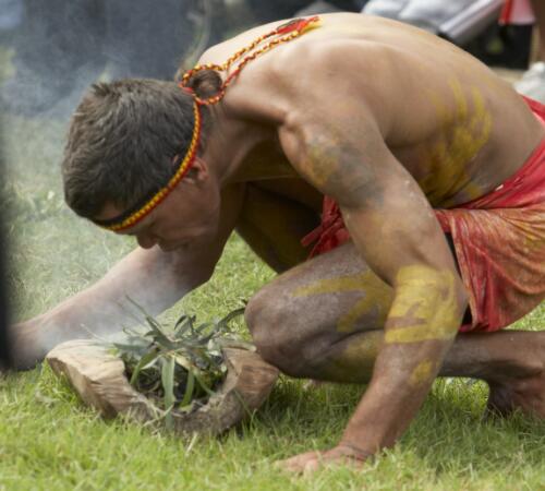 An Aboriginal Australian participating in a smoking ceremony to mark the Apology to the Stolen Generations at Parliament House, Canberra, 13 February 2008 [picture] / Craig Mackenzie