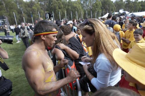 Aboriginal Australian representative in conversation with a photographer at the Apology to the Stolen Generations at Parliament House, Canberra, 13 February 2008 [picture] / Greg Power