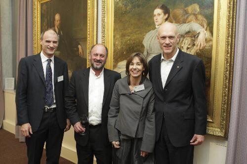 Martyn Myer, Professor Tim Flannery, Louise Myer and the Honourable Peter Garrett at a reception following the 2008 Kenneth Myer Lecture "Climate change: an update to July 2008" presented by Tim Flannery at the National Library of Australia, Canberra, 15 July 2008 [picture] / Sam Cooper