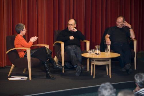 Michael Gow and John Bell in discussion with Marie-Louise Ayres at the National Library of Australia, 7 October 2008 [picture] / Sam Cooper