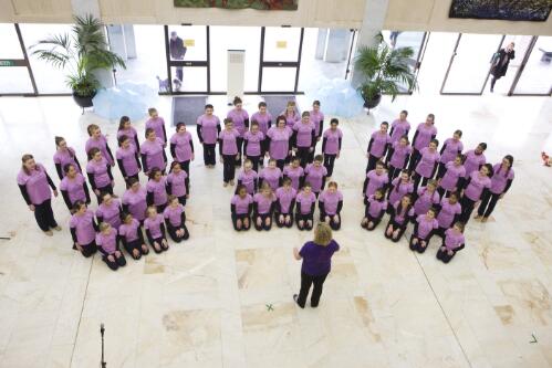 The Australian Girls Choir and their conductor performing in the National Library of Australia foyer, viewed from mezzanine, during the National Tour 2010, 2 July 2010 / Craig Mackenzie