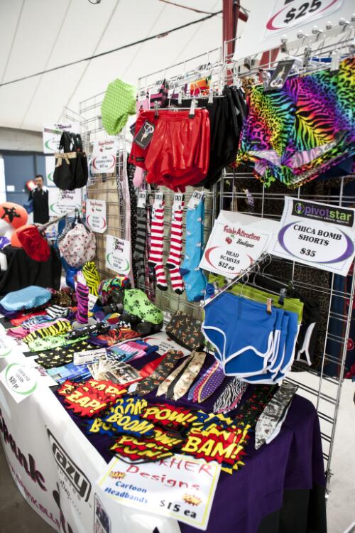 Roller derby merchandise including hot pants, skate covers and knee high socks for sale at the Melbourne Showgrounds, Melbourne 23 July 2011 [picture] / Samuel Cooper